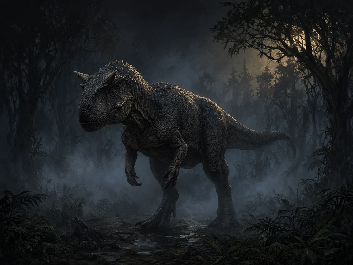 Carnotaurus in misty prehistoric forest